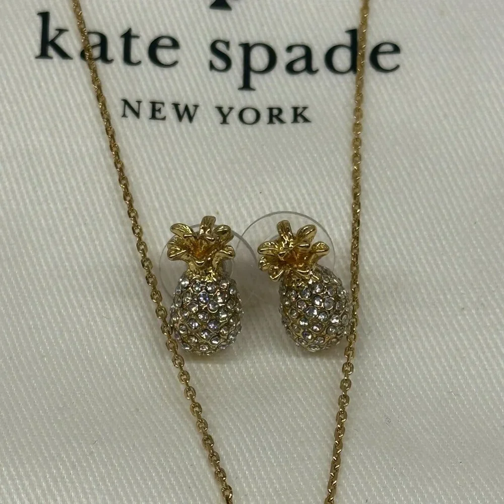 NEW Kate Spade By The Pool Gold Plated Pave Pineapple Necklace & Earrings Set - Picture 6 of 7